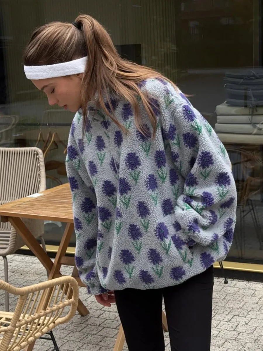 TARUXY Fleece Printing Sweatshirt Women's Half-Zip Sweatshirt Fleece Loose Turtleneck Pullover Female Winter Leisure Sweatshirt