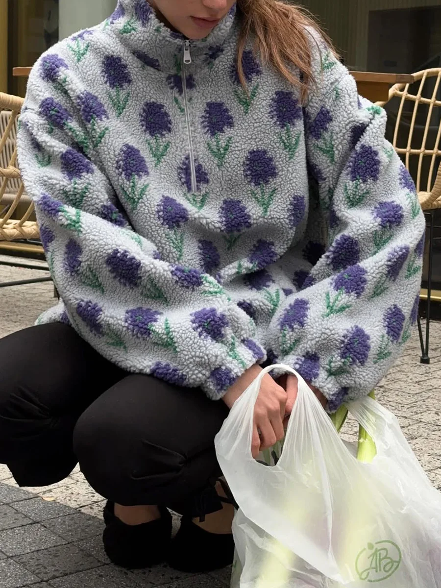 TARUXY Fleece Printing Sweatshirt Women's Half-Zip Sweatshirt Fleece Loose Turtleneck Pullover Female Winter Leisure Sweatshirt