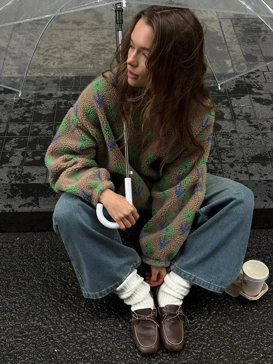 TARUXY Fleece Printing Sweatshirt Women's Half-Zip Sweatshirt Fleece Loose Turtleneck Pullover Female Winter Leisure Sweatshirt
