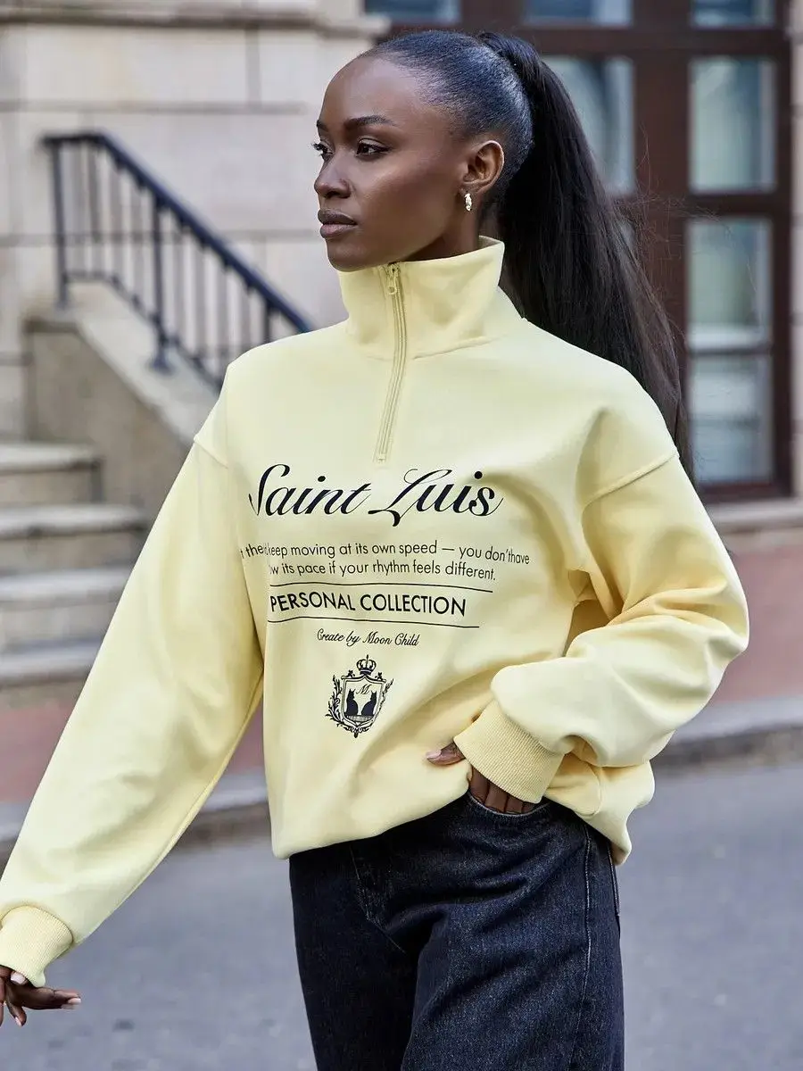Sport Preppy-style Loose Sweatshirts Zipper Open Stand Collar Hoodie Apricot Retro Letter Print Full Sleeve Y2K Top Sweet Women