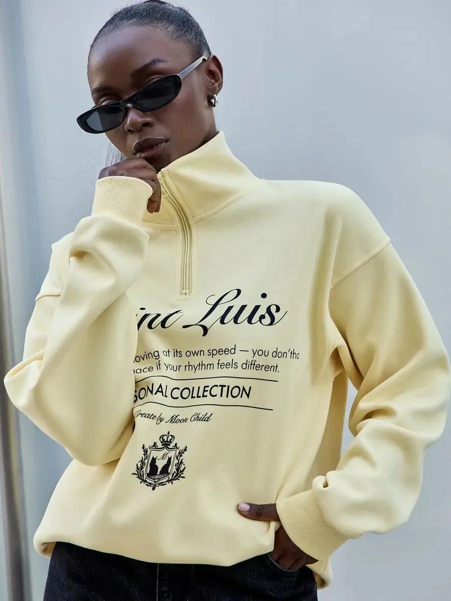 Sport Preppy-style Loose Sweatshirts Zipper Open Stand Collar Hoodie Apricot Retro Letter Print Full Sleeve Y2K Top Sweet Women