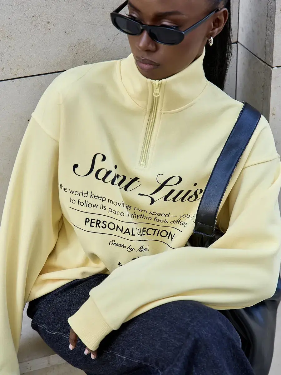 Sport Preppy-style Loose Sweatshirts Zipper Open Stand Collar Hoodie Apricot Retro Letter Print Full Sleeve Y2K Top Sweet Women