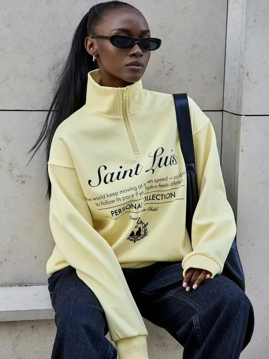 Sport Preppy-style Loose Sweatshirts Zipper Open Stand Collar Hoodie Apricot Retro Letter Print Full Sleeve Y2K Top Sweet Women