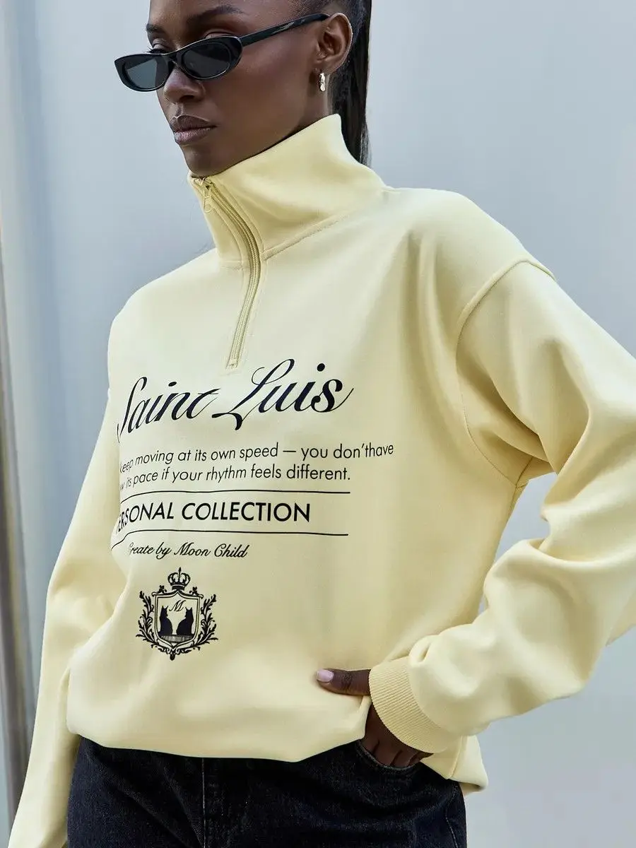 Sport Preppy-style Loose Sweatshirts Zipper Open Stand Collar Hoodie Apricot Retro Letter Print Full Sleeve Y2K Top Sweet Women