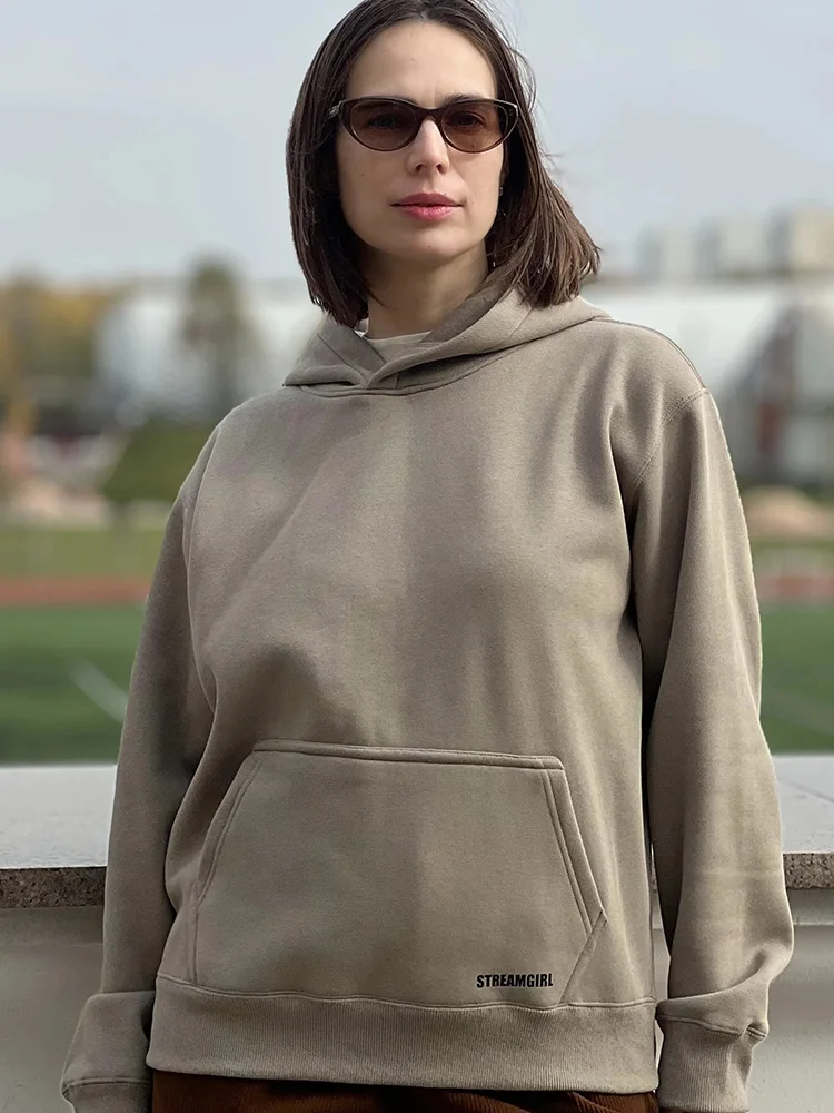 Streamgirl Fleece Hoodies Women Winter Warm Oversized Warm Sweatshirts Boyfriend Hoodies Simple Green Hooded Sweatshirt Couples
