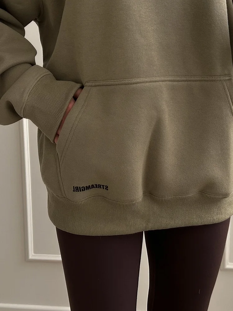 Streamgirl Fleece Hoodies Women Winter Warm Oversized Warm Sweatshirts Boyfriend Hoodies Simple Green Hooded Sweatshirt Couples