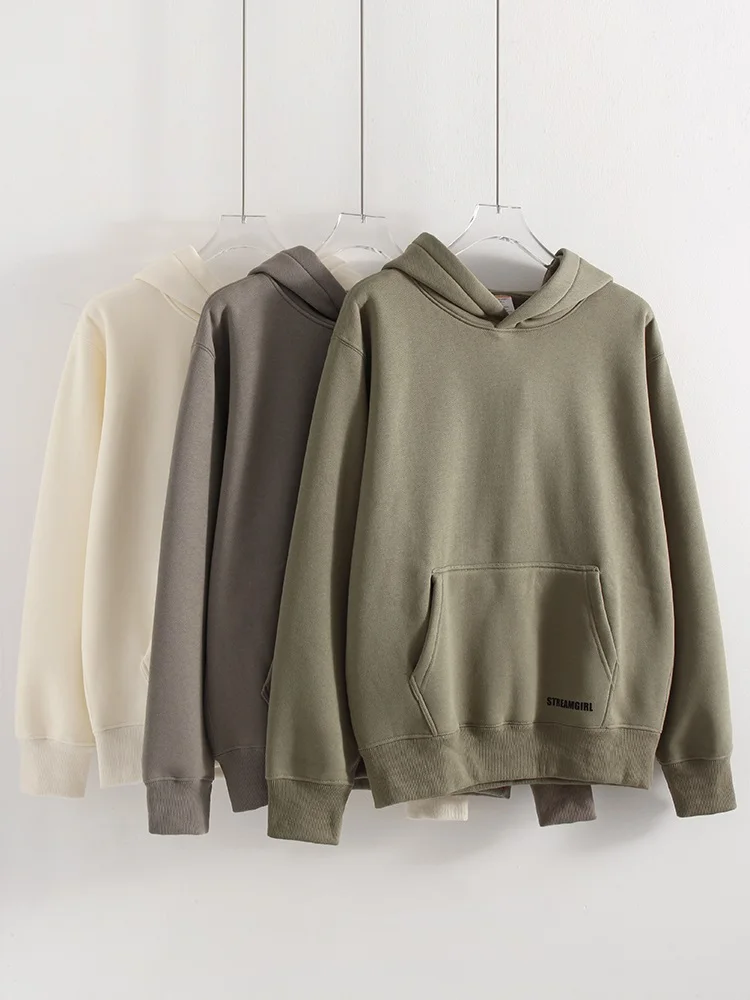 Streamgirl Fleece Hoodies Women Winter Warm Oversized Warm Sweatshirts Boyfriend Hoodies Simple Green Hooded Sweatshirt Couples