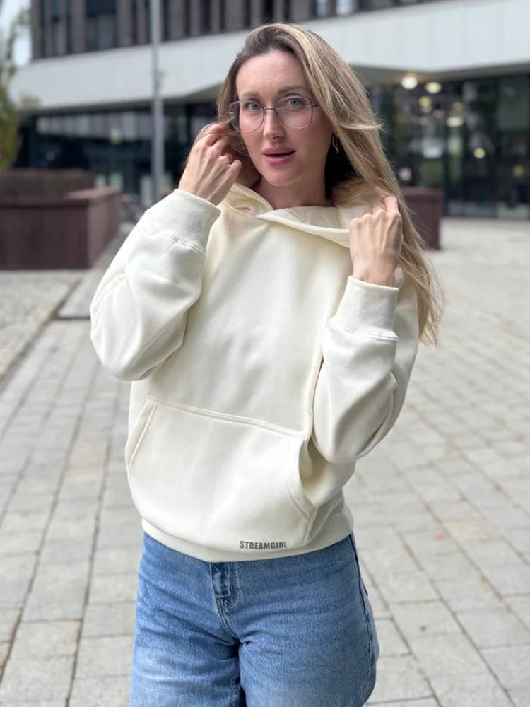 Streamgirl Fleece Hoodies Women Winter Warm Oversized Warm Sweatshirts Boyfriend Hoodies Simple Green Hooded Sweatshirt Couples