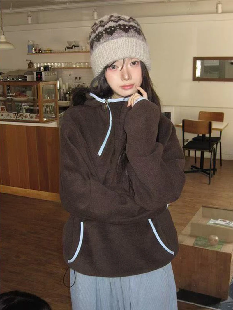 Vintage Streetwear Hoodies Women Long Sleeve Zipper Pocket Y2K Hottie Sweatshirts Korean Autumn Winter Casual Warm Pullovers New