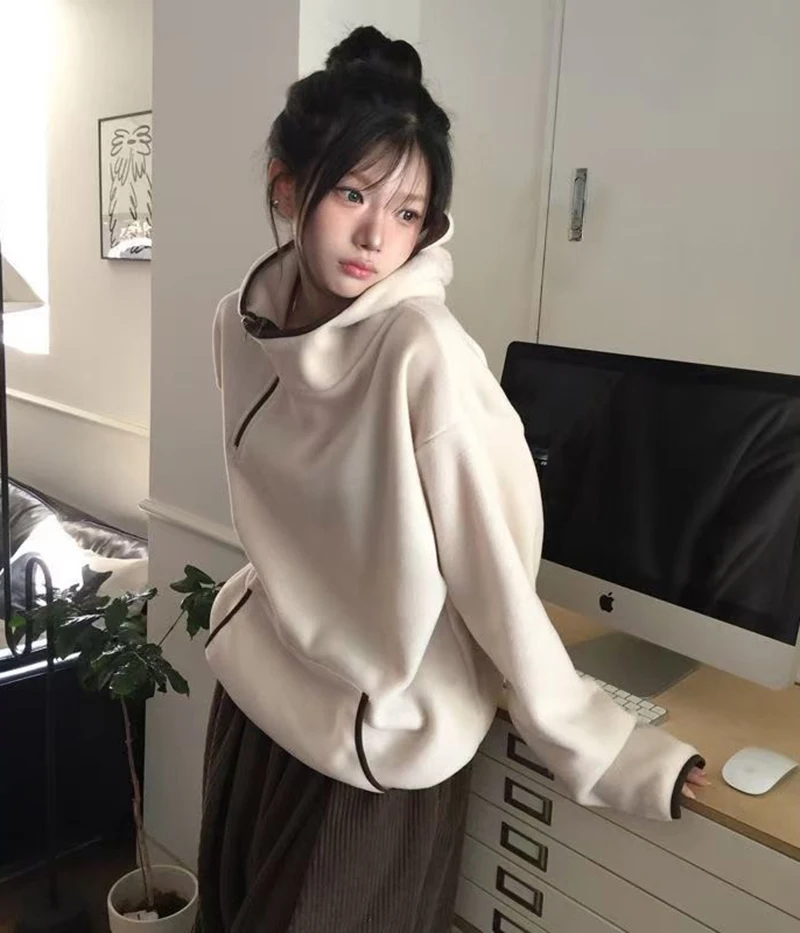 Vintage Streetwear Hoodies Women Long Sleeve Zipper Pocket Y2K Hottie Sweatshirts Korean Autumn Winter Casual Warm Pullovers New