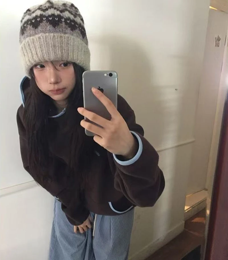 Vintage Streetwear Hoodies Women Long Sleeve Zipper Pocket Y2K Hottie Sweatshirts Korean Autumn Winter Casual Warm Pullovers New