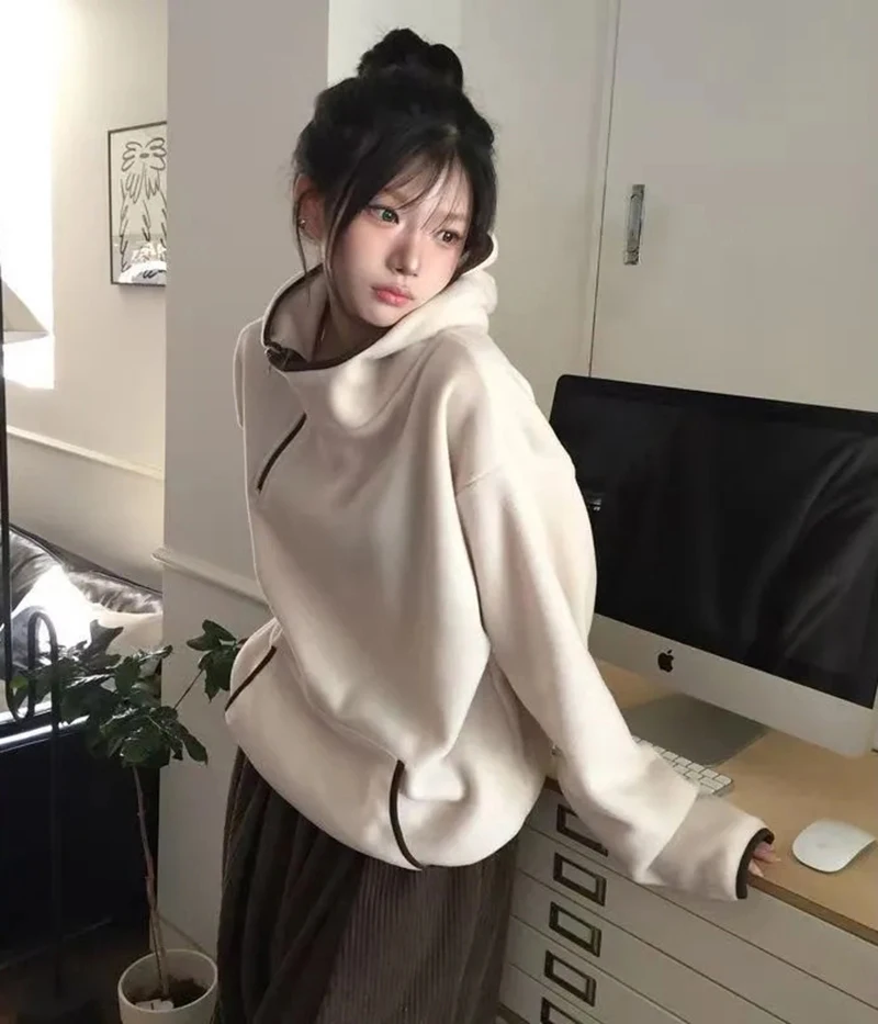 Vintage Streetwear Hoodies Women Long Sleeve Zipper Pocket Y2K Hottie Sweatshirts Korean Autumn Winter Casual Warm Pullovers New