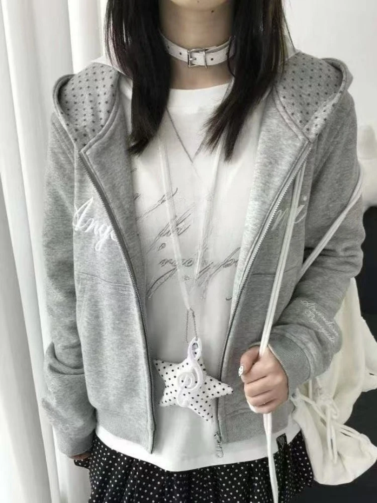 American Vintage Star Print Cardigan Y2k Streetwear Slim Zipper Sweatshirt Autumn Stand Up Collar Design Fashion Cropped Jacket