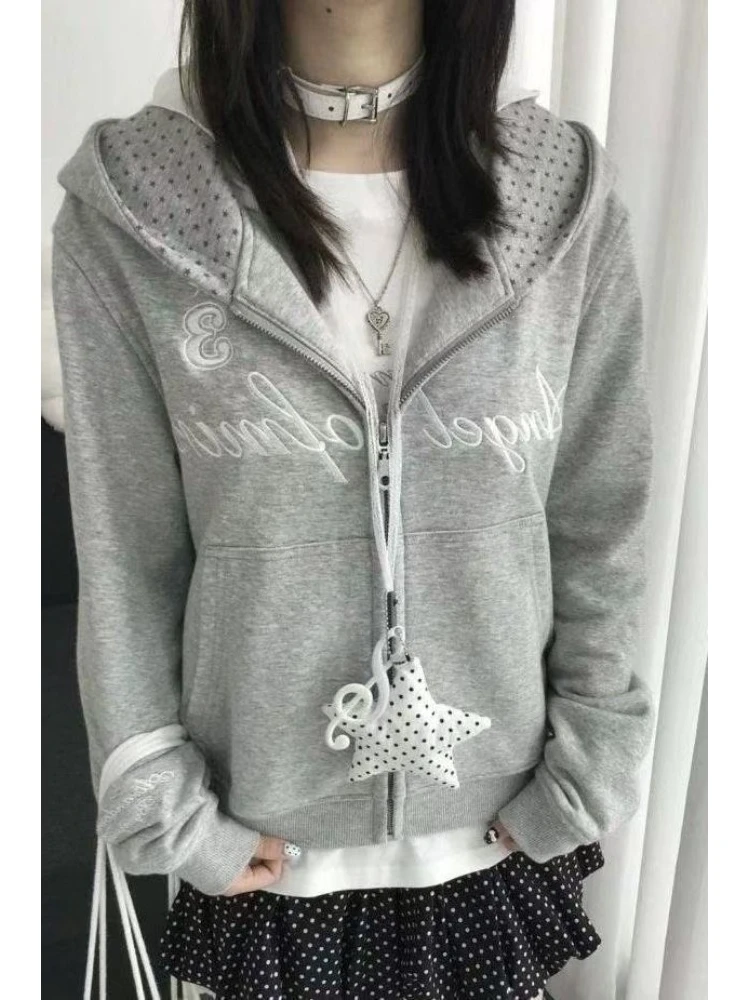 American Vintage Star Print Cardigan Y2k Streetwear Slim Zipper Sweatshirt Autumn Stand Up Collar Design Fashion Cropped Jacket