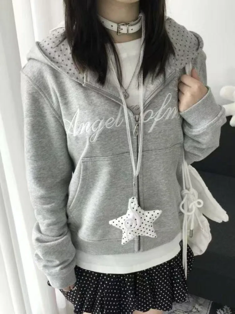 American Vintage Star Print Cardigan Y2k Streetwear Slim Zipper Sweatshirt Autumn Stand Up Collar Design Fashion Cropped Jacket