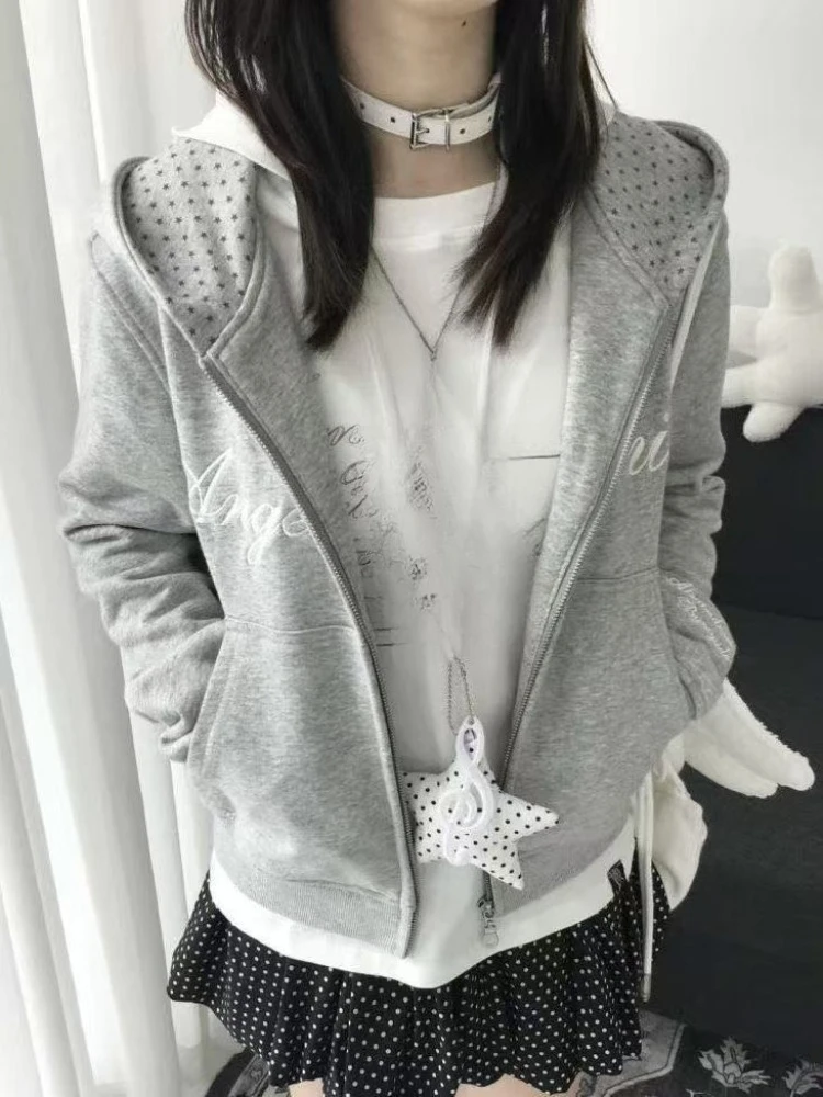 American Vintage Star Print Cardigan Y2k Streetwear Slim Zipper Sweatshirt Autumn Stand Up Collar Design Fashion Cropped Jacket