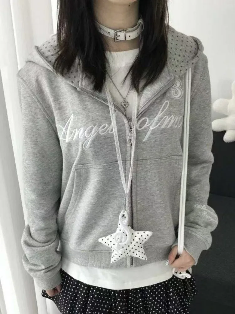 American Vintage Star Print Cardigan Y2k Streetwear Slim Zipper Sweatshirt Autumn Stand Up Collar Design Fashion Cropped Jacket