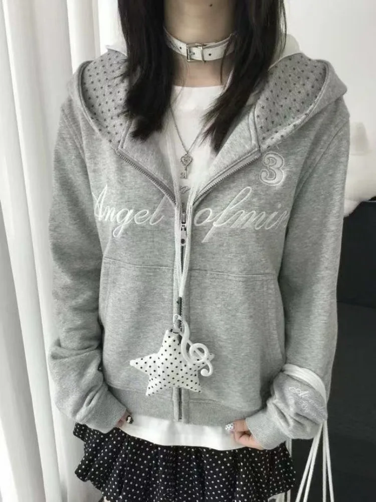 American Vintage Star Print Cardigan Y2k Streetwear Slim Zipper Sweatshirt Autumn Stand Up Collar Design Fashion Cropped Jacket