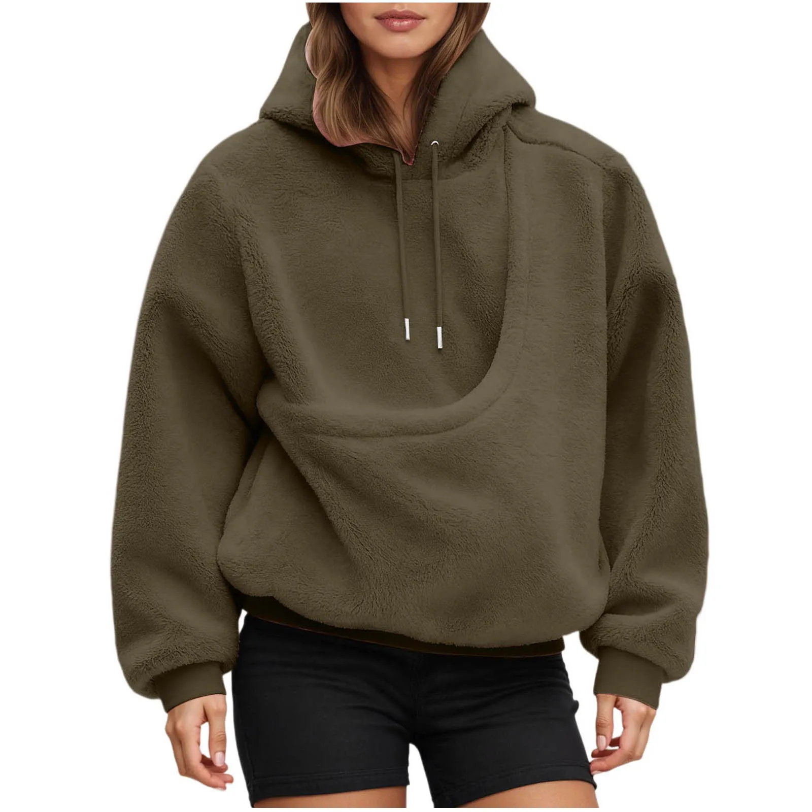 Dog Bag Pet Pocket Loose Hoodies Women Autumn And Winter Casual Fleece Solid Color Pet Pocket Hooded Sweatshirt Pullover Tops