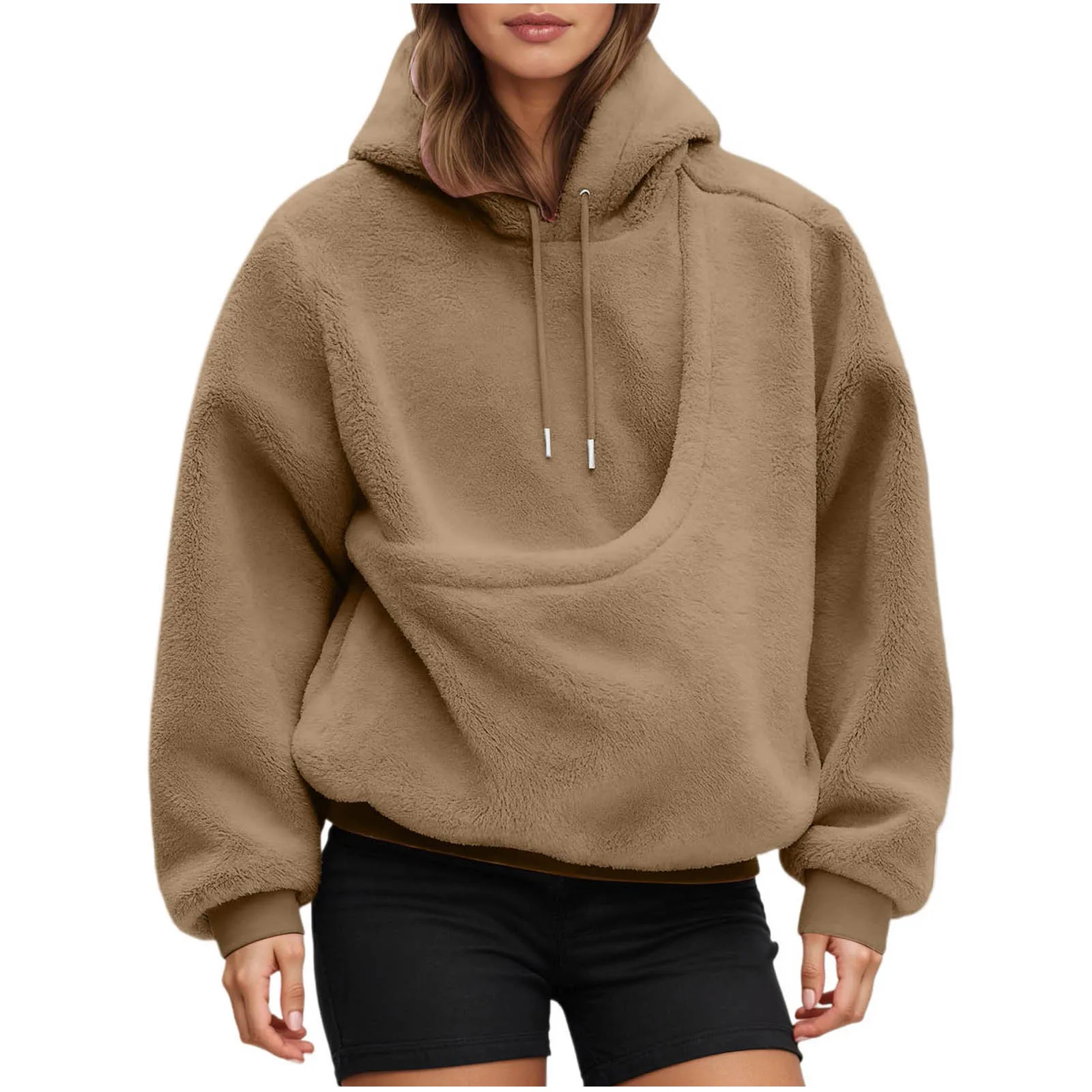 Dog Bag Pet Pocket Loose Hoodies Women Autumn And Winter Casual Fleece Solid Color Pet Pocket Hooded Sweatshirt Pullover Tops