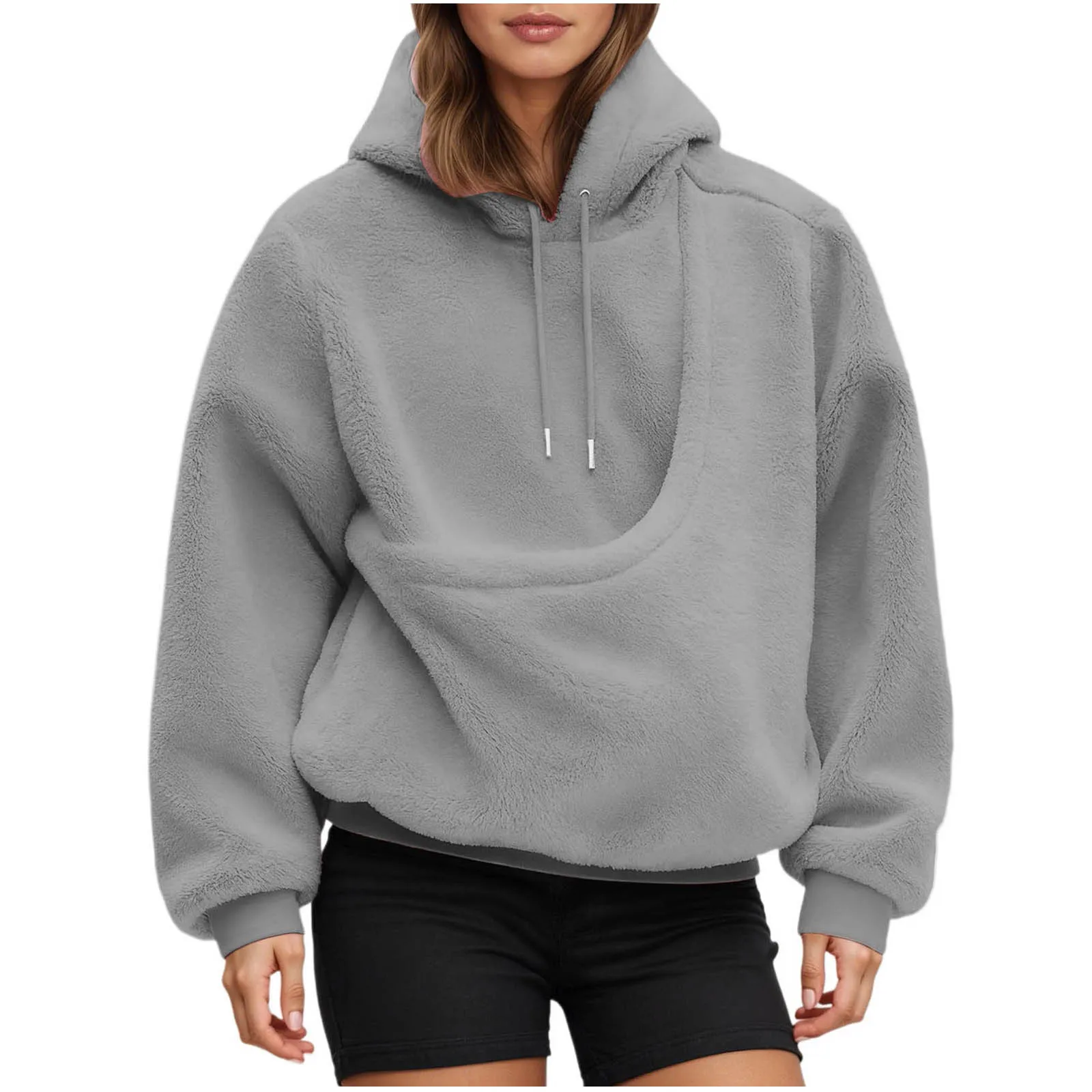 Dog Bag Pet Pocket Loose Hoodies Women Autumn And Winter Casual Fleece Solid Color Pet Pocket Hooded Sweatshirt Pullover Tops