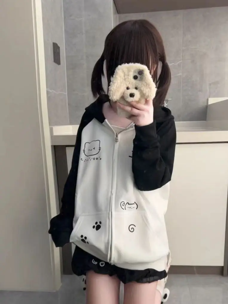 Japanese Contrast Tops Kawaii Hooded Tops Women Y2k Cartoon Print Hoodies Aesthetic Grunge Zip Up Sweatshirt Harajuku Streetwear