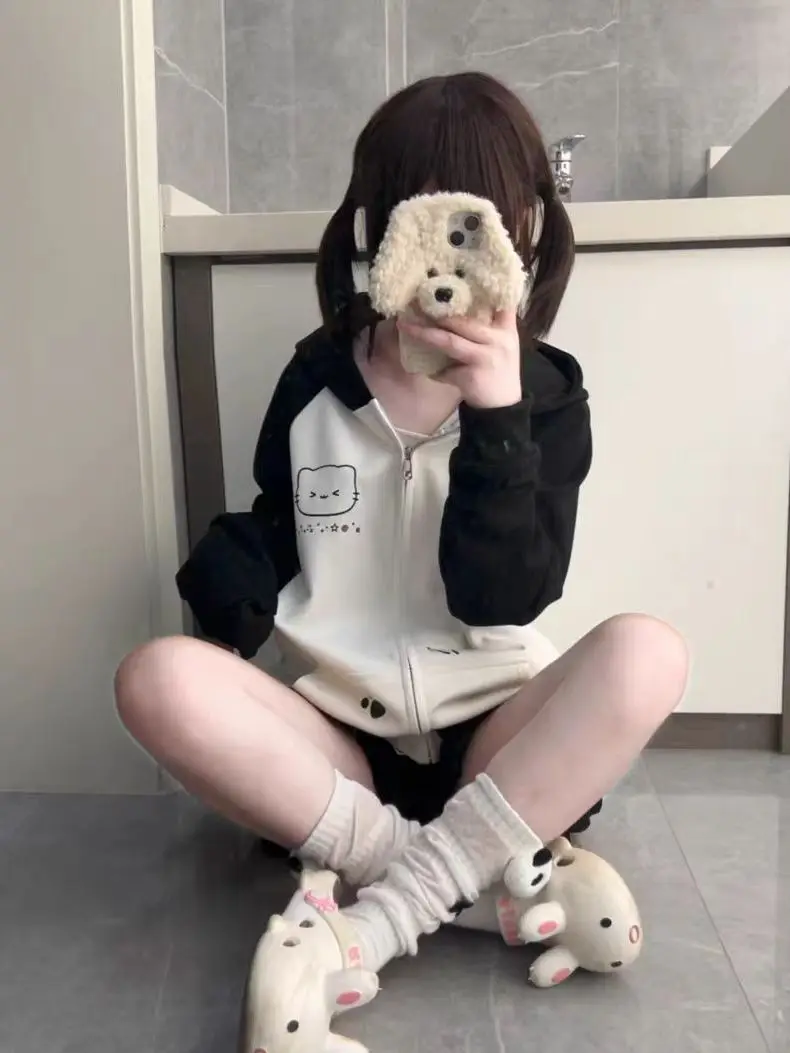 Japanese Contrast Tops Kawaii Hooded Tops Women Y2k Cartoon Print Hoodies Aesthetic Grunge Zip Up Sweatshirt Harajuku Streetwear