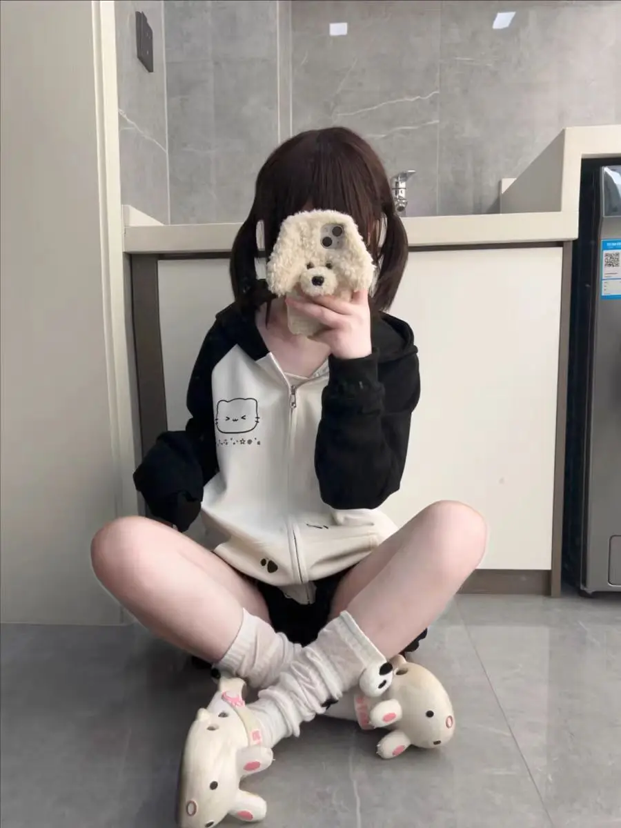 Japanese Contrast Tops Kawaii Hooded Tops Women Y2k Cartoon Print Hoodies Aesthetic Grunge Zip Up Sweatshirt Harajuku Streetwear