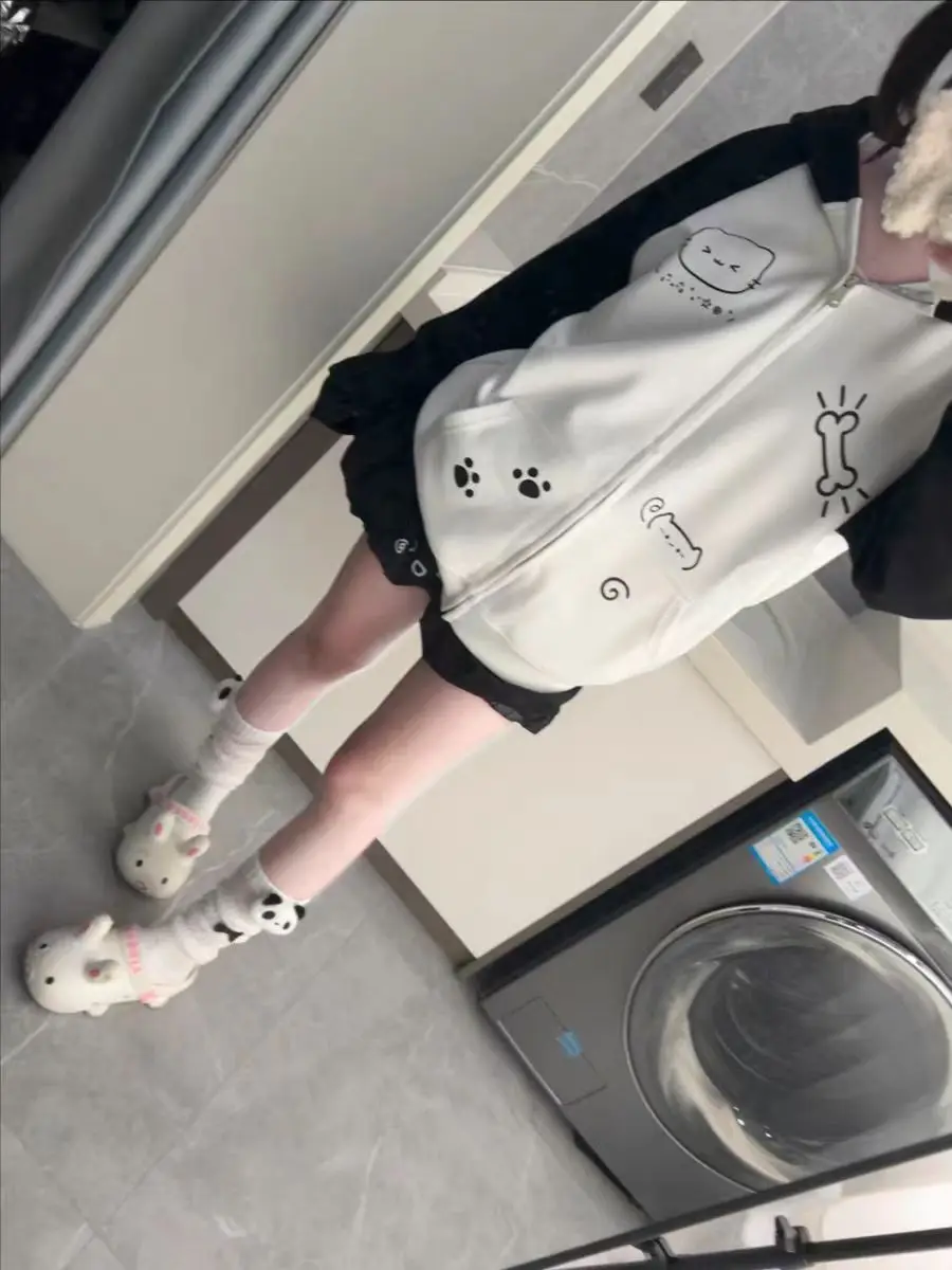 Japanese Contrast Tops Kawaii Hooded Tops Women Y2k Cartoon Print Hoodies Aesthetic Grunge Zip Up Sweatshirt Harajuku Streetwear