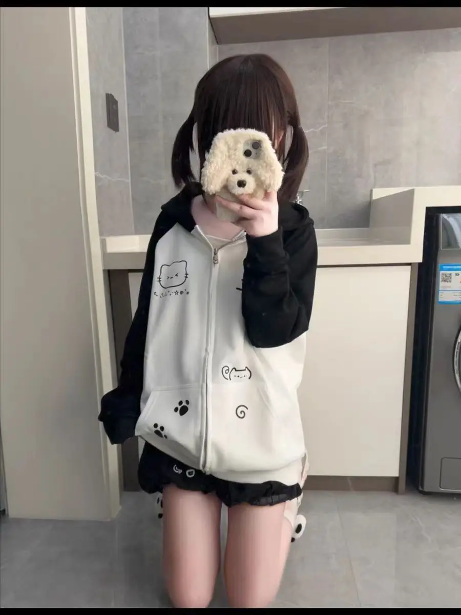 Japanese Contrast Tops Kawaii Hooded Tops Women Y2k Cartoon Print Hoodies Aesthetic Grunge Zip Up Sweatshirt Harajuku Streetwear