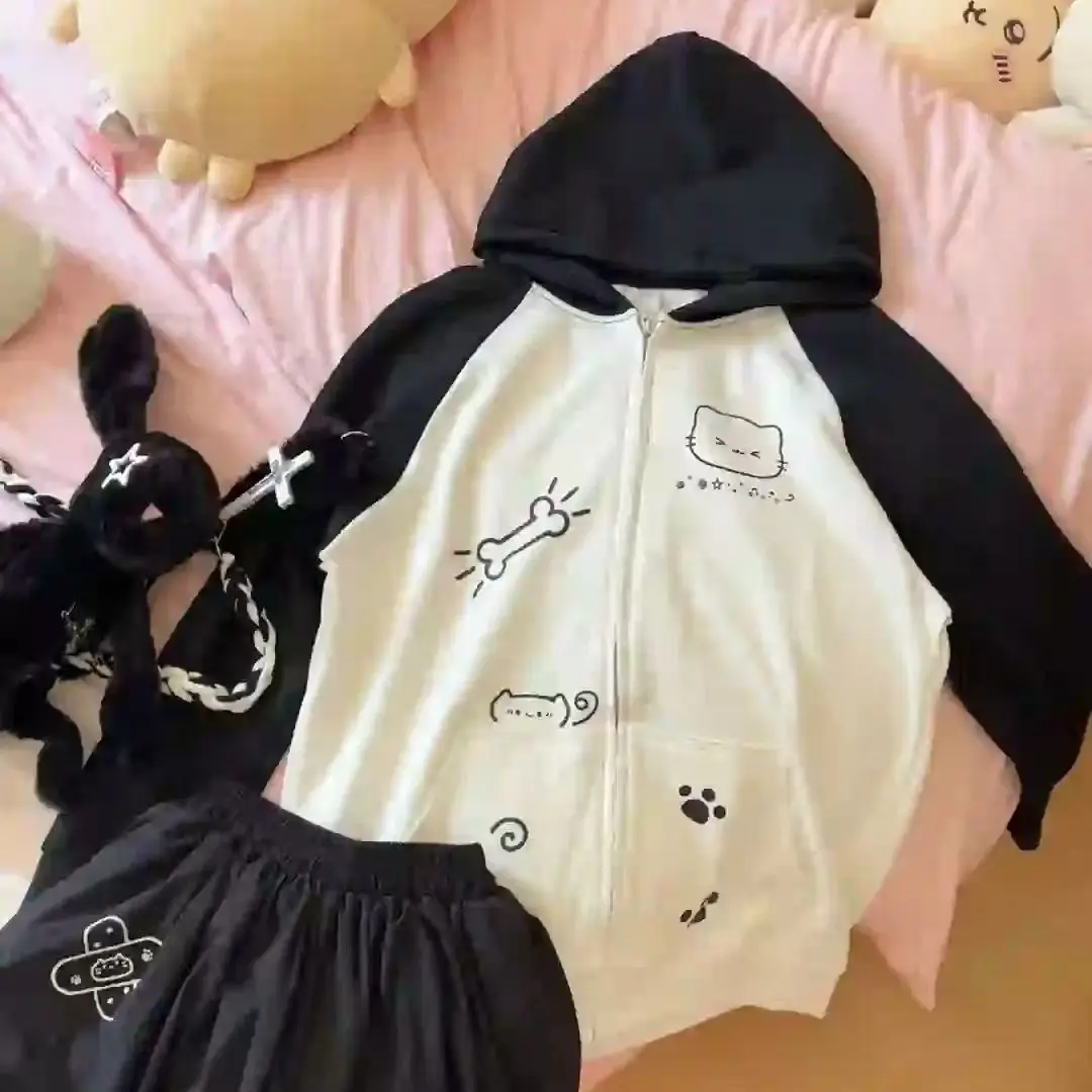 Japanese Contrast Tops Kawaii Hooded Tops Women Y2k Cartoon Print Hoodies Aesthetic Grunge Zip Up Sweatshirt Harajuku Streetwear