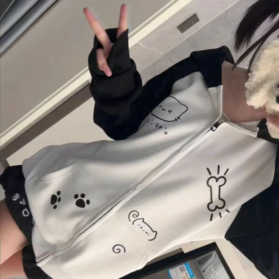 Japanese Contrast Tops Kawaii Hooded Tops Women Y2k Cartoon Print Hoodies Aesthetic Grunge Zip Up Sweatshirt Harajuku Streetwear