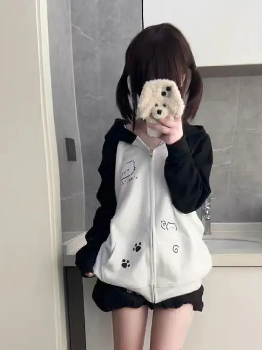 Japanese Contrast Tops Kawaii Hooded Tops Women Y2k Cartoon Print Hoodies Aesthetic Grunge Zip Up Sweatshirt Harajuku Streetwear