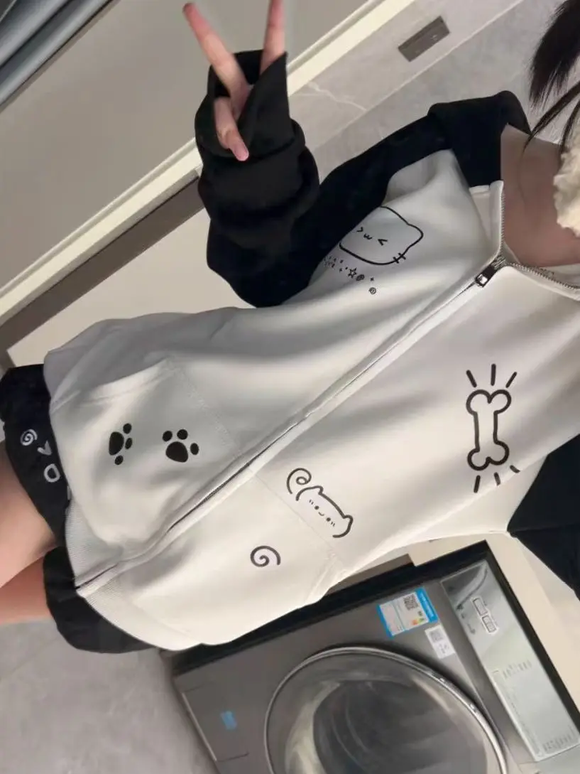 Japanese Contrast Tops Kawaii Hooded Tops Women Y2k Cartoon Print Hoodies Aesthetic Grunge Zip Up Sweatshirt Harajuku Streetwear