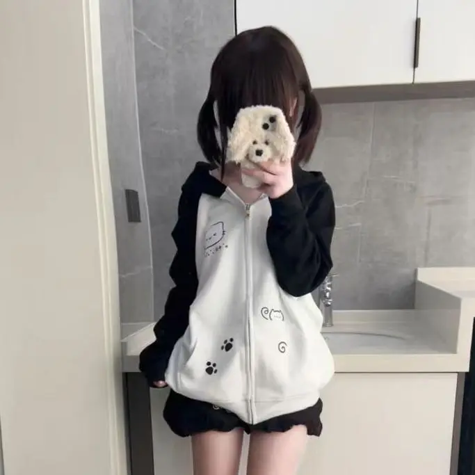 Japanese Contrast Tops Kawaii Hooded Tops Women Y2k Cartoon Print Hoodies Aesthetic Grunge Zip Up Sweatshirt Harajuku Streetwear