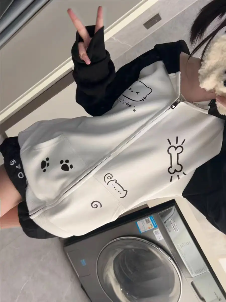 Japanese Contrast Tops Kawaii Hooded Tops Women Y2k Cartoon Print Hoodies Aesthetic Grunge Zip Up Sweatshirt Harajuku Streetwear