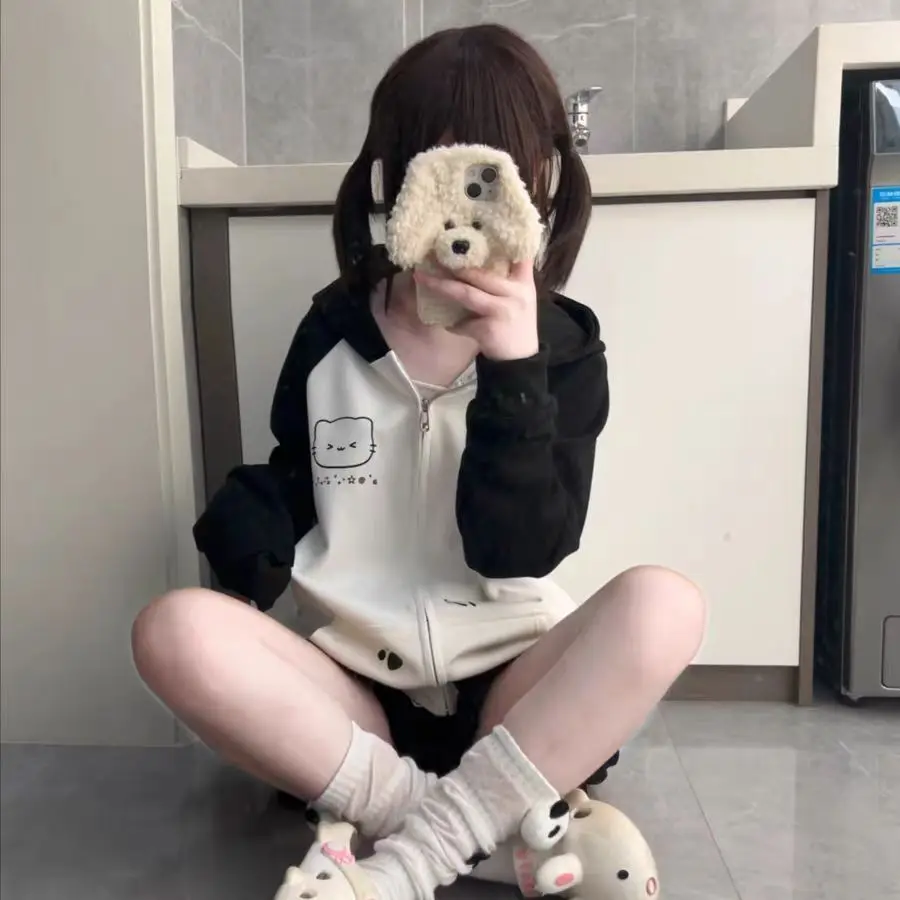 Japanese Contrast Tops Kawaii Hooded Tops Women Y2k Cartoon Print Hoodies Aesthetic Grunge Zip Up Sweatshirt Harajuku Streetwear