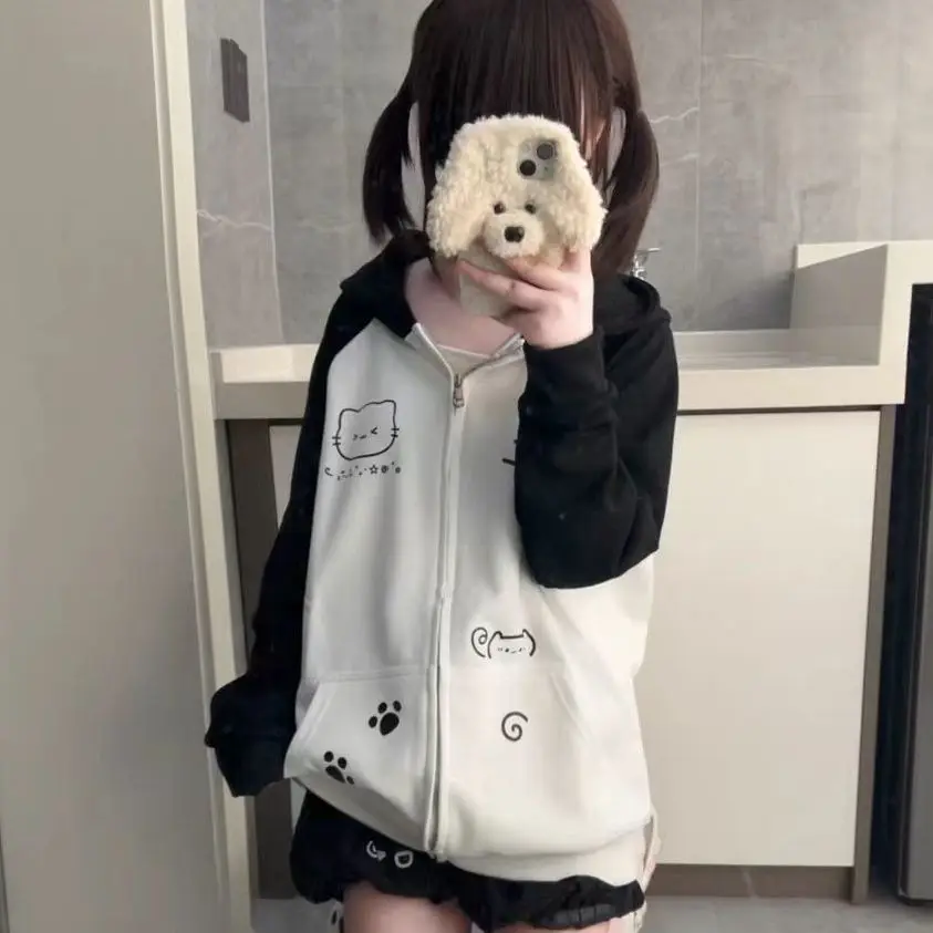 Japanese Contrast Tops Kawaii Hooded Tops Women Y2k Cartoon Print Hoodies Aesthetic Grunge Zip Up Sweatshirt Harajuku Streetwear
