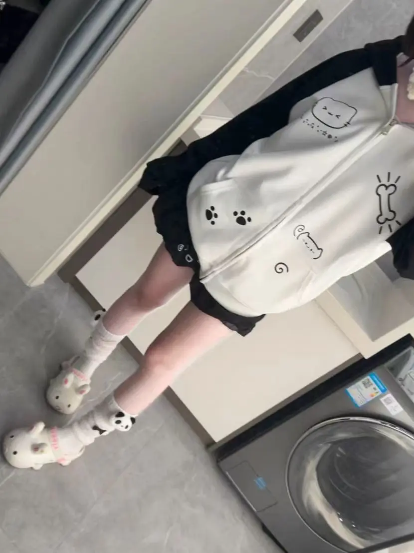 Japanese Contrast Tops Kawaii Hooded Tops Women Y2k Cartoon Print Hoodies Aesthetic Grunge Zip Up Sweatshirt Harajuku Streetwear