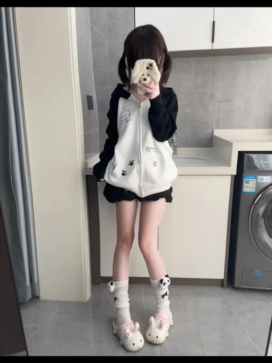 Japanese Contrast Tops Kawaii Hooded Tops Women Y2k Cartoon Print Hoodies Aesthetic Grunge Zip Up Sweatshirt Harajuku Streetwear