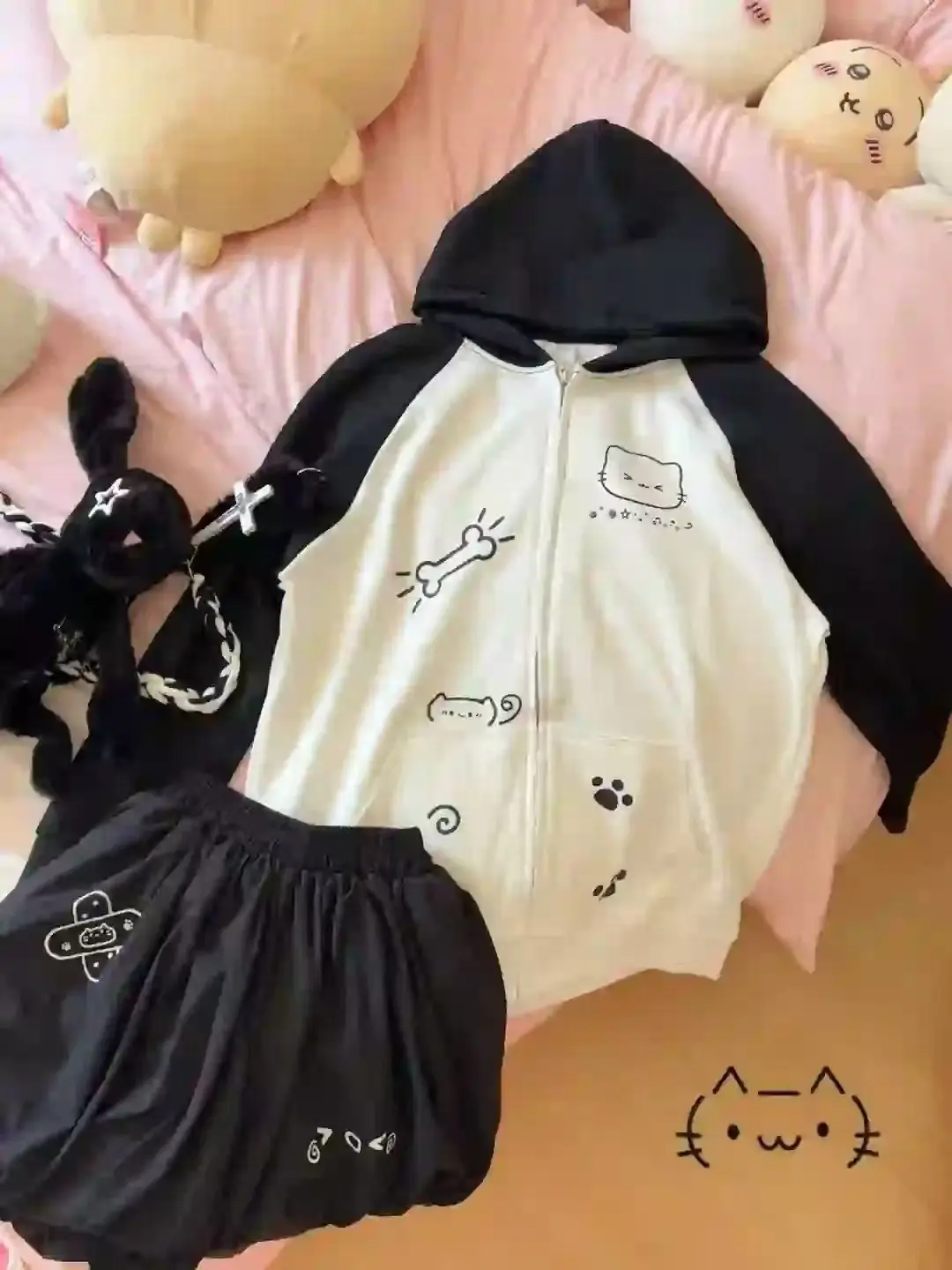 Japanese Contrast Tops Kawaii Hooded Tops Women Y2k Cartoon Print Hoodies Aesthetic Grunge Zip Up Sweatshirt Harajuku Streetwear