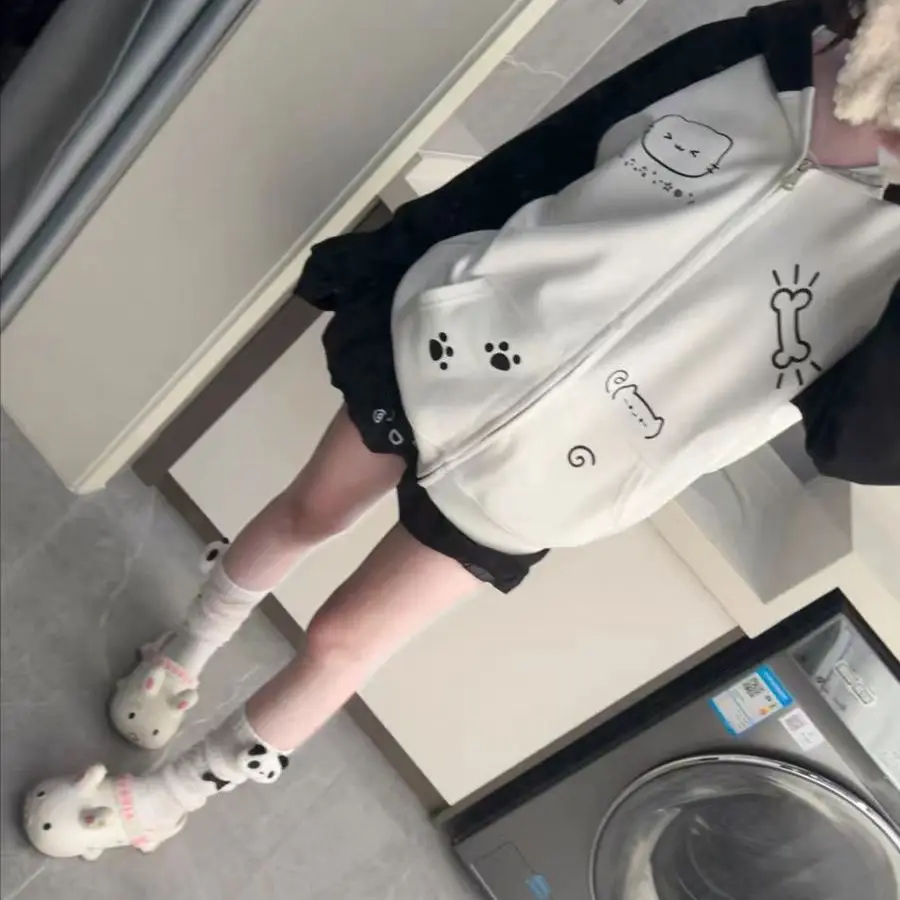 Japanese Contrast Tops Kawaii Hooded Tops Women Y2k Cartoon Print Hoodies Aesthetic Grunge Zip Up Sweatshirt Harajuku Streetwear