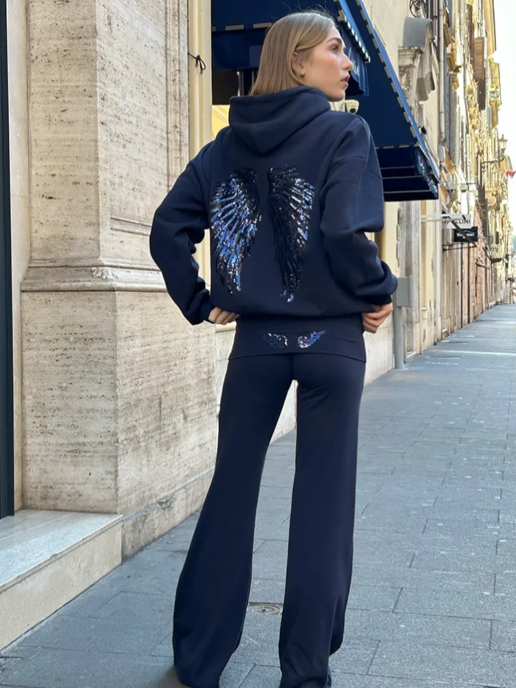 Sequin Angel's Wings Hoodies Women Loose Long Sleeve Pullovers Top Slim Yoga Pant Set 2025 New Casual Lady Two Piece Sets