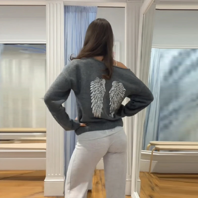 Sequin Angel's Wings Hoodies Women Loose Long Sleeve Pullovers Top Slim Yoga Pant Set 2025 New Casual Lady Two Piece Sets