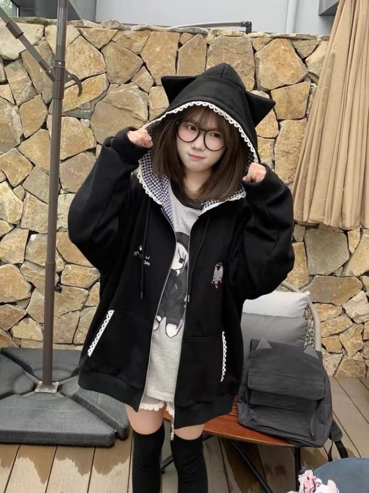 Japanese Cartoon Embroidery Hoodies Women Harajuku Vintage Zipper Plaid Patchwork Sweatshirt Preppy Pocket Y2k Aesthetic Hoody