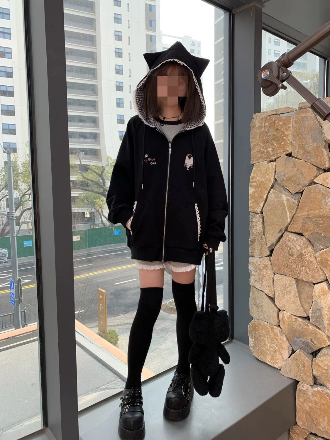 Japanese Cartoon Embroidery Hoodies Women Harajuku Vintage Zipper Plaid Patchwork Sweatshirt Preppy Pocket Y2k Aesthetic Hoody