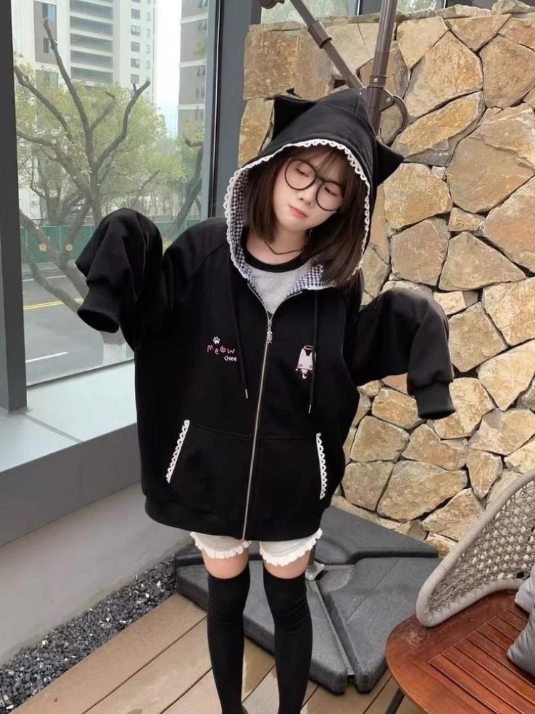 Japanese Cartoon Embroidery Hoodies Women Harajuku Vintage Zipper Plaid Patchwork Sweatshirt Preppy Pocket Y2k Aesthetic Hoody