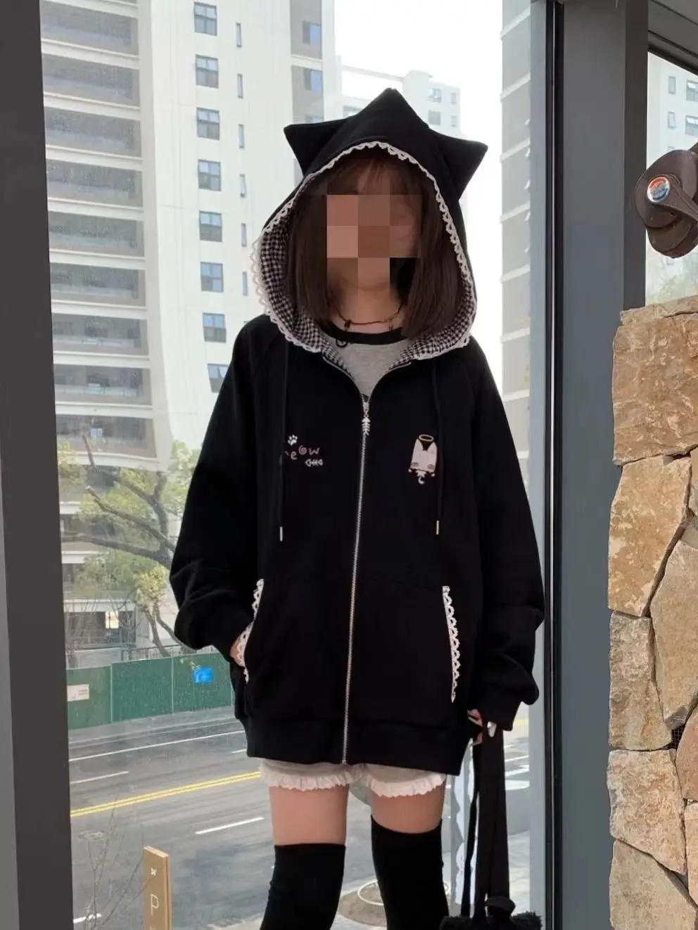 Japanese Cartoon Embroidery Hoodies Women Harajuku Vintage Zipper Plaid Patchwork Sweatshirt Preppy Pocket Y2k Aesthetic Hoody