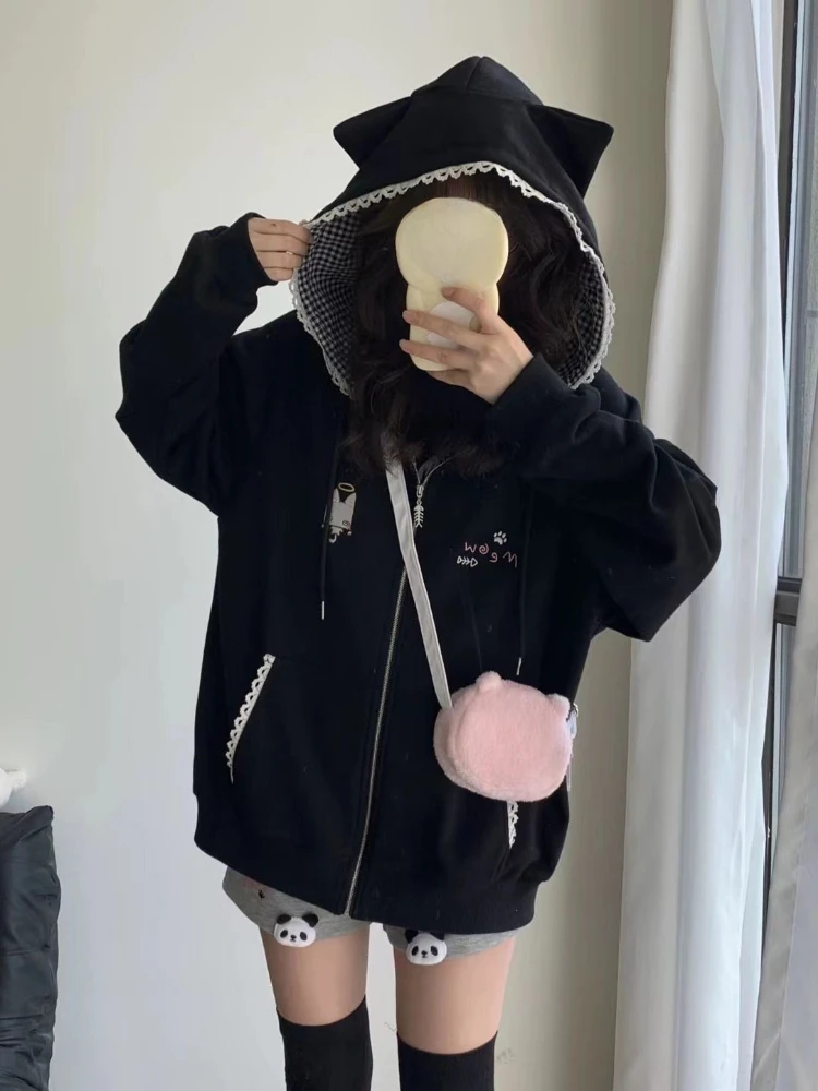Japanese Cartoon Embroidery Hoodies Women Harajuku Vintage Zipper Plaid Patchwork Sweatshirt Preppy Pocket Y2k Aesthetic Hoody