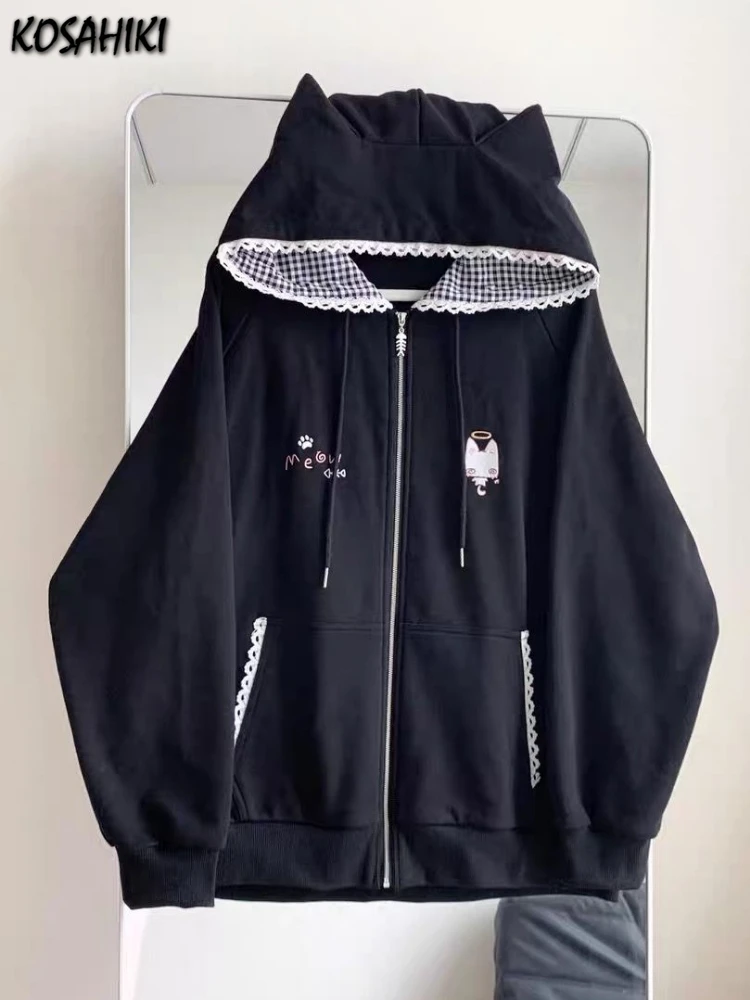 Japanese Cartoon Embroidery Hoodies Women Harajuku Vintage Zipper Plaid Patchwork Sweatshirt Preppy Pocket Y2k Aesthetic Hoody